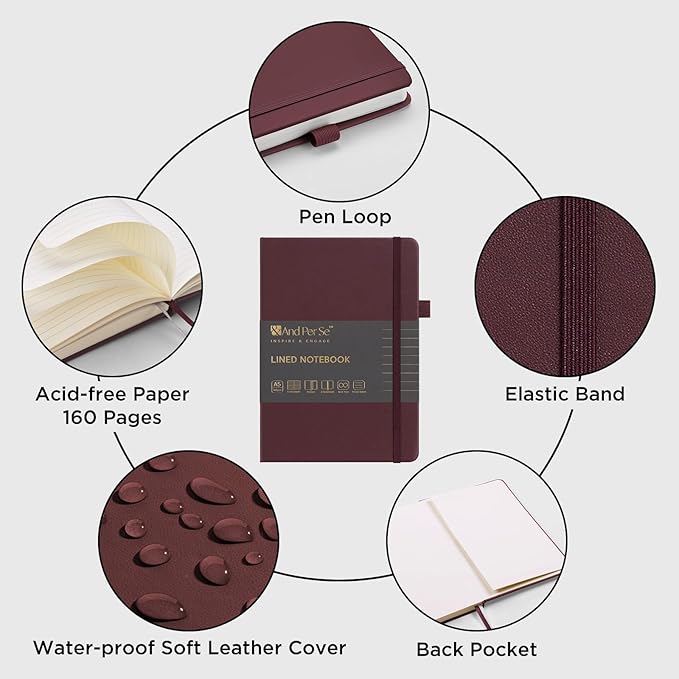&And Per Se Lined Journal Notebook, 160 Pages, A5 5.7 x 8 inches College Ruled Thick Paper Notebook Journals for Writing, Hardcover Notebooks for Women Men Office School (1 Pack, Dark Red)