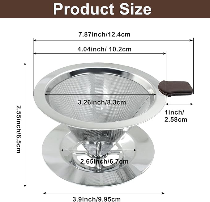 Waziaqoc Pour Over Coffee Dripper, Reusable Paperless Coffee Filter for 1-2 Cups, Stainless Steel Drip Cone Brew Coffee Strainer,Upgraded Double Micro Mesh Filter with Cup Stand