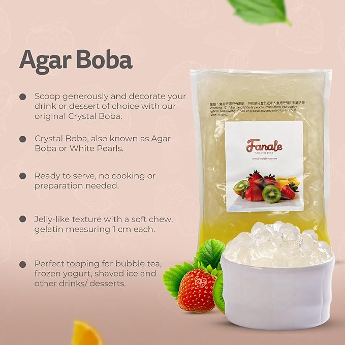 Fanale Crystal Agar Boba, Crystal Jelly Ball, Ready to Serve, Soft Chew Texture, Instant Boba Pearls for Bubble Tea, Frozen Yogurt, Shaved Ice & Dessert’s Topping