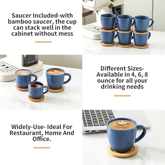Hasense 8 oz Tea Cups and Saucers Set of 6, Ceramic Coffee Cups Latte Cappuccino Cups with Handle for Double Shot, Cafe Mocha, Espresso, Porcelain Coffee Cups for Party Home and Kitchen, Blue