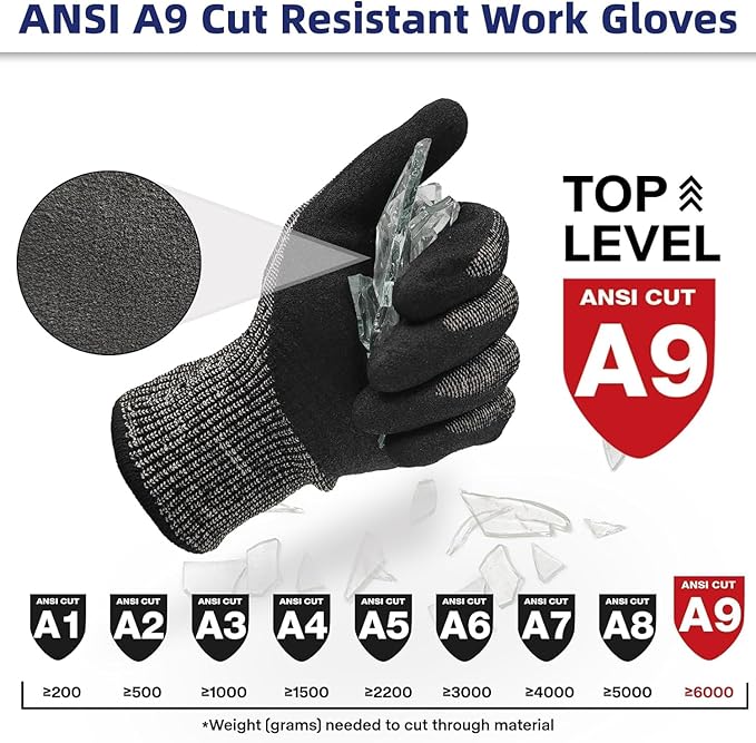 Schwer ProGuard Highest Level Cut Resistant Work Gloves PR3326 for Extreme Protection，ANSI A9 Cut Gloves with Reinforced Thumb, Non Slip, Breathable, Durable, Touch-screen, Non PFAS, Black 1 Pair（M）