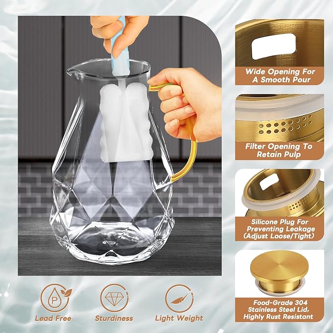 Yirilan 2.8 Liter Glass Pitcher with Lid, Transparent, Thermal Shock Resistant, Microwave Safe, Natural, 2.8L, Round, 6x12 Inches