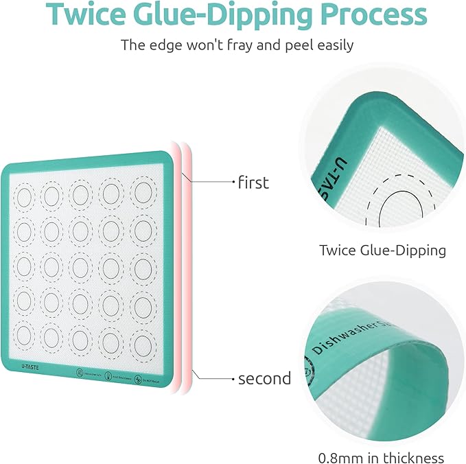 446ºF Heat Resistant Macaron Mat: U-Taste 11x11in Non Stick Silicone Baking Mat, Reusable Cookies Pastry Sheet Liner with Edge Enhancement & Circle Measurement for Square Cake Pan (Aqua Sky)
