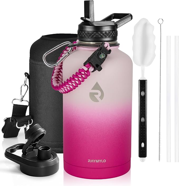 Insulated Water Bottle 64 oz, Triple Wall Vacuum Stainless Steel (Cold for 48 Hrs), Leak Proof & Non-BPA, Half Gallon Water Flask Jug with Paracord Handle & Straw Spout Lids, Ombre Pink