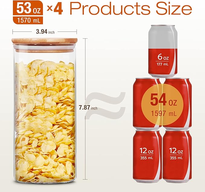 Glass Jars with Bamboo Lids 53 FL OZ [Set of 4], Glass Canisters with Airtight Lids, Glass Food Storage Containers for Pasta, Oats, Coffee, Flour, Sugar, Rice, Best for Kitchen & Pantry
