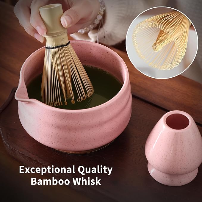Japanese Ceramic Matcha Bowl - 16oz Speckle Glaze Chawan & Whisk Stand for Perfect Froth, Dishwasher Safe Pink
