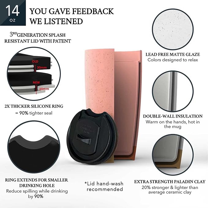 Mora Double Wall Ceramic Coffee Travel Mug with Lid, 14 oz, Portable, Microwave, Dishwasher Safe, Insulated Reusable Tall Cup, Splash Resistant Lid - To Go Tumbler for Car Cup Holder, Pink Salt