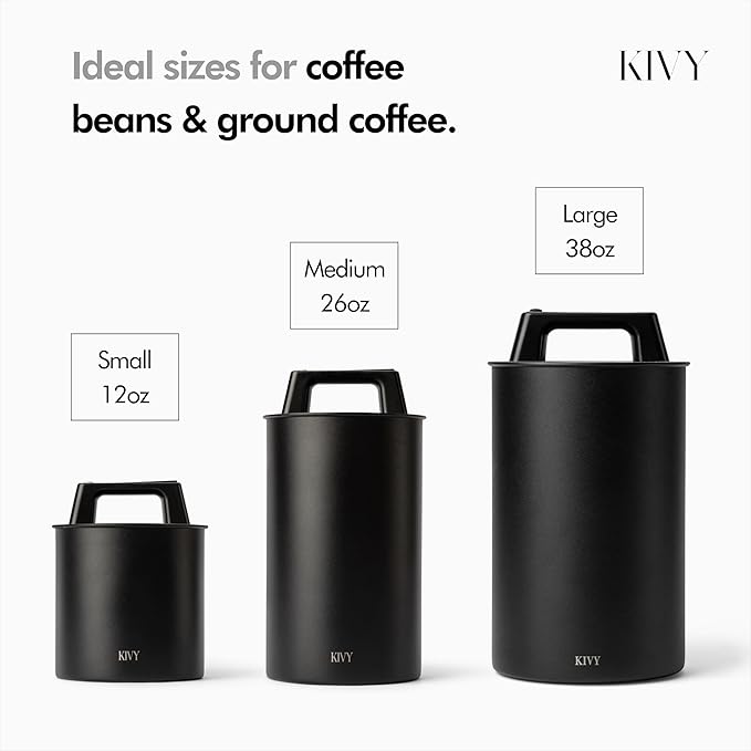 KIVY Vacuum Coffee Canister - Push Lid Preserves Coffee Aroma & Oil - Stainless Steel Airtight Coffee Canister - Container for Ground & Coffee Bean Storage - Removes Excess Air