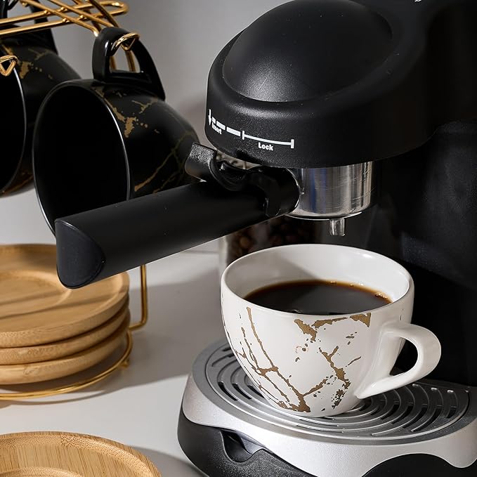 LUKA Ceramic Demitasse Espresso Cups Set with Saucers and Metal Stand, 8 oz Porcelain Stackable Cappuccino Cups Teacup For Tea, Espresso, Latte, Coffee, Cafe Mocha, Set of 4, White & Black