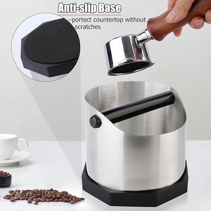 Coffee Knock Box, Large Capacity Espresso Knock Box with Non-Slip Base, Coffee Measuring Cup,Coffee Puck Knock Box Stainless Steel for Espresso Machine Coffee Grounds (Silver)