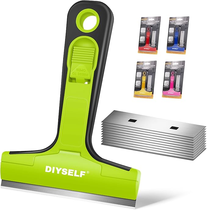 DIYSELF Razor Blade Scraper, 1 PCS Razor Scraper with Handle, Razor Blade Scraper Tool for Glass, Window Scraper with 10 PCS 4″ Blades, Razor Scraper Tool for Cleaning Stovetop, Oven, Shower Glass