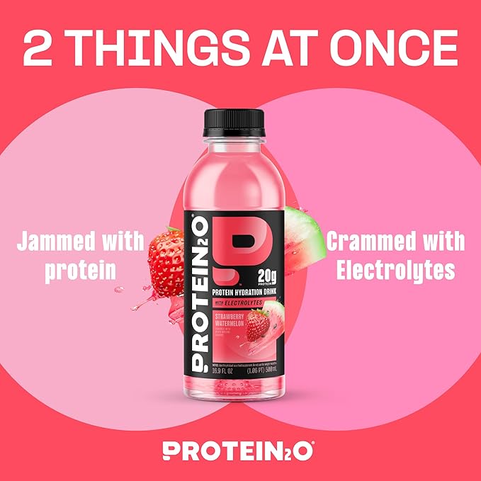 Protein2o Hydration Drink - 2-in-1 Liquid Clear Whey Protein Isolate and Electrolyte Drink - 20g Protein, Vitamins B5, B6 - Post-Workout Recovery - 16.9 Fl Oz - 12 Count Strawberry Watermelon