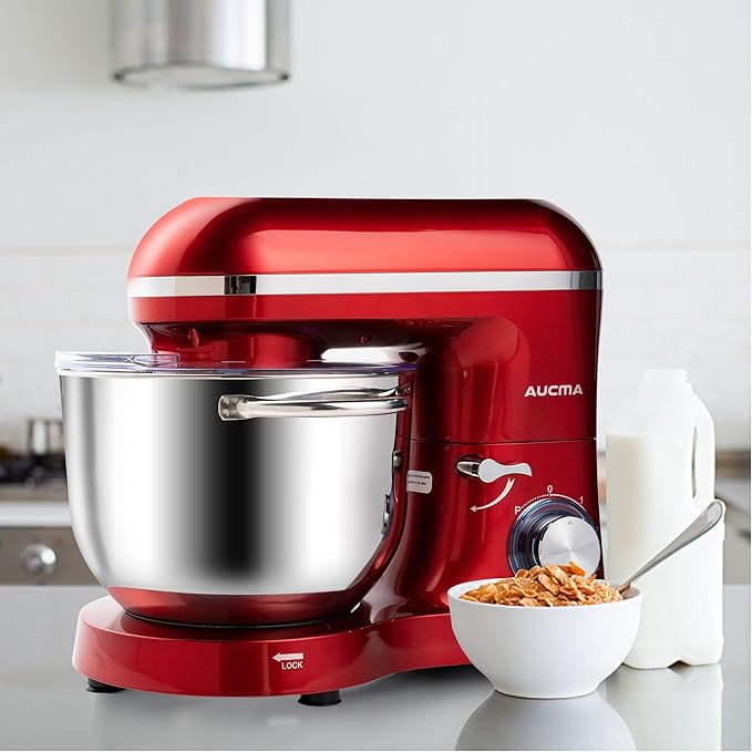 Aucma Stand Mixer,6.5-QT 660W 6-Speed Tilt-Head Food Mixer, Kitchen Electric Mixer with Dough Hook, Wire Whip & Beater 2 Layer Red Painting (6.5QT, Red)