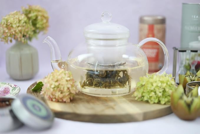 Teabloom Blossoms Glass Teapot – Stovetop and Microwave Safe Borosilicate Glass Teapot with Removable Loose Tea Glass Infuser (32 Oz) - Tea Purist's Choice