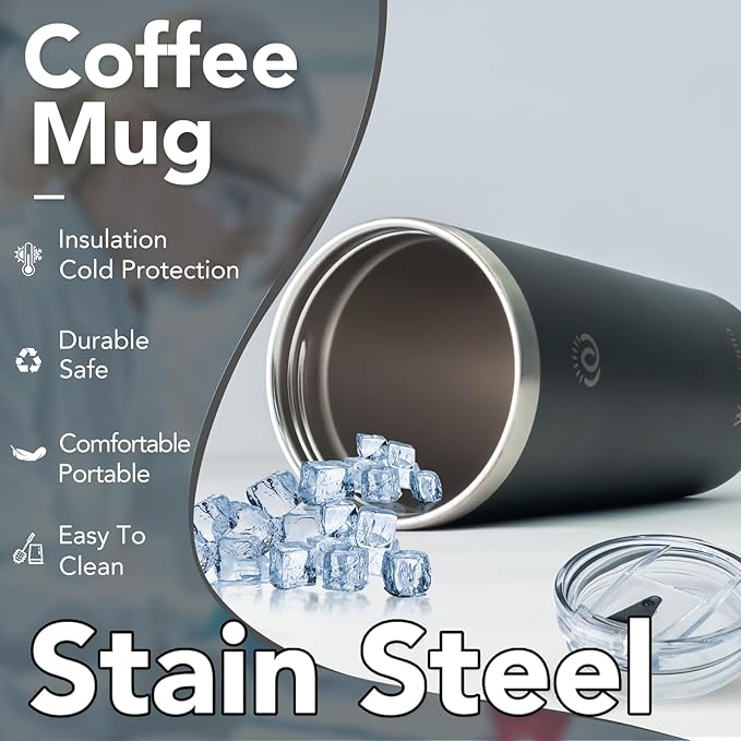 Insulated Coffee Mug with Lid, Reusable Stainless Steel Travel Coffee Cup, 16 Oz Double Wall Vacuum Spill Proof Tumbler Cups for Men and Women Hot & Cold Drinks（Black）