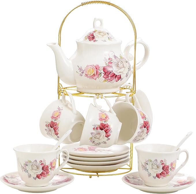 20-Pieces Porcelain Bone china Tea Sets,Gold Rim Coffee Set with Golden Metal Rack,Tea Gift Sets for Home&Party(003)