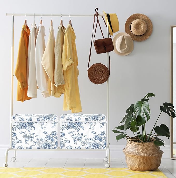 susiyo Blue Flowers Floral Storage Bin Large Collapsible Storage Box Stackable design Fabric Storage Bins with Lids Decorative Multi-Color Foldable Organizing Baskets For Closet