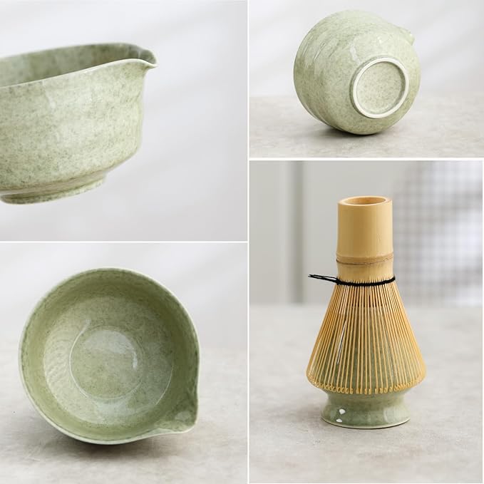 Matcha Set, Japanese Tea Set Includes Matcha Bowl with Spout, Matcha Whisk Holder, Bamboo Matcha Whisk and Bamboo Scoop, 17 oz Mottled Tea Green Glaze Ceramic Matcha Kit for Tea Lovers
