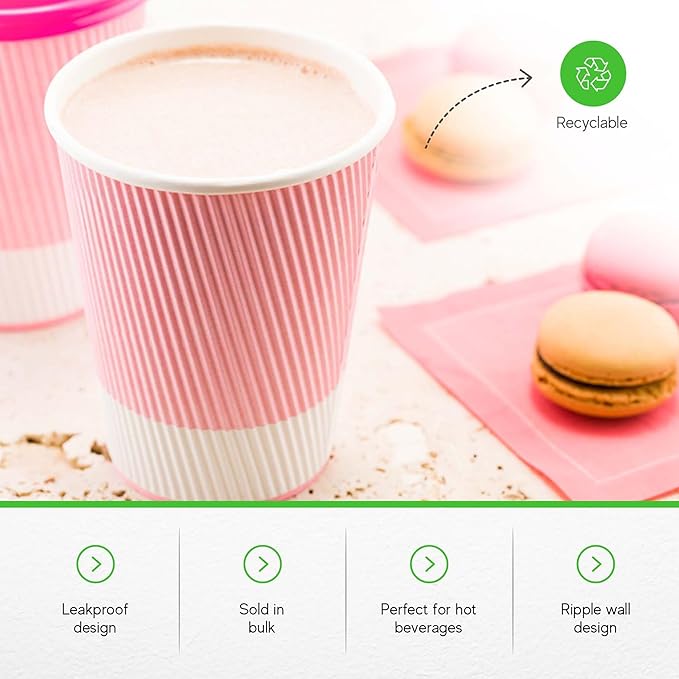 Restaurantware-12 Ounce Disposable Coffee Cups, 500 Ripple Wall Hot Cups For Coffee - Lids Sold Separately, Rolled Rim, Light Pink Paper Insulated Coffee Cups, For Hot Coffee, Tea, And More