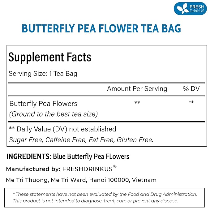 FreshDrinkUS, Premium 75 Tea Bags Blue Butterfly Pea Flowers, 100% Natural and Pure from Butterfly Pea Flowers, Made With Natural Material Tea Bag, No Sugar, No Caffeine, No Gluten, Vegan