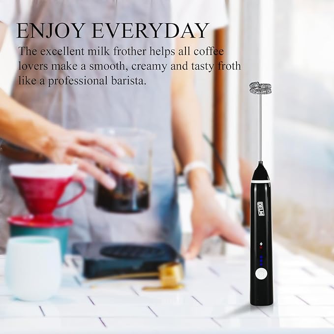 Delm Milk Frother Electric USB Stainless Steel Accessory - Frother Wand Foam Maker for Lattes - Milk Frother Handheld for Cappuccino, Frappe, Matcha, Hot Chocolate - Frother for Coffee (black)