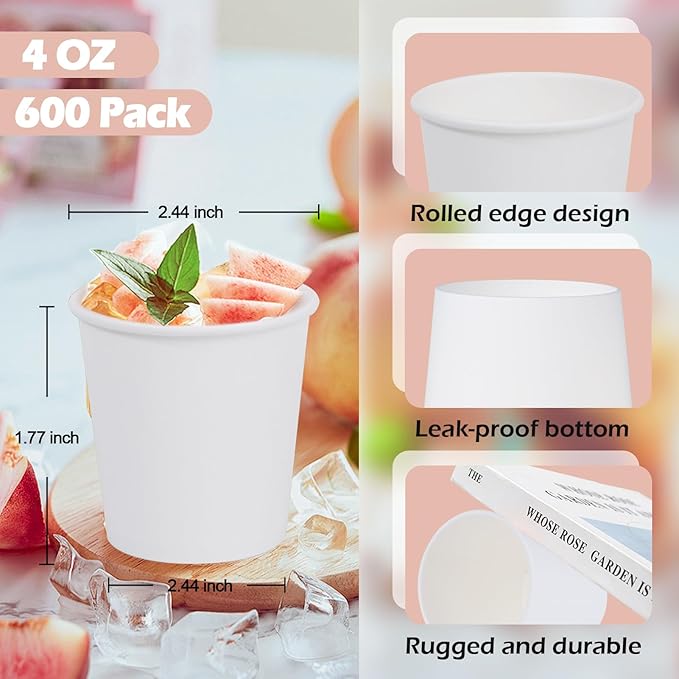600 Pack 4 oz Paper Cups, Disposable Mini Bathroom Mouthwash Cups, Hot/Cold Drinking Cups, White Disposable Paper Cups for Bathroom, Home, Party, Office, Picnic, Travel