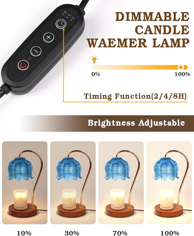 Flower Candle Warmer Lamp with Timer, Blue Candle Lamp Warmer, Birthday Gifts for Women, Mom, Wife, Dimmable Glass Lamp Candle Light Gifts, Aromatic Candle Wax Warmer for Vintage Livingroom Decor