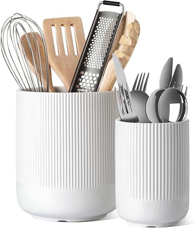 LE TAUCI Utensil Holder, 7.3"+5.4" Ceramic Kitchen Utensil Holder for Countertop, Large Cooking Utensil Crocks for Kitchen Counter Decor, Morden Utensil Organizer for Spatula, Set of 2, White