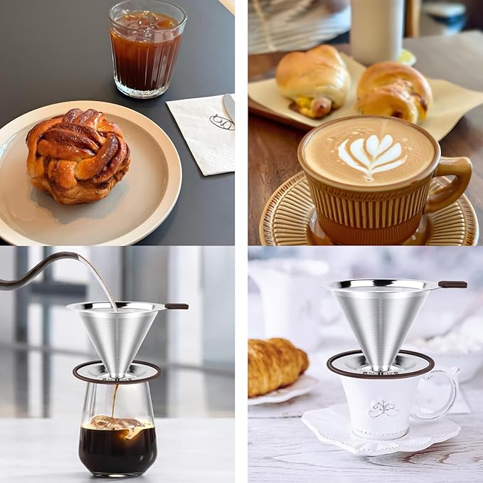 Reusable Paperless Coffee Filter V60,Coffee Dripper,Professional Stainless Steel Drip Cone Brew Coffee Strainer,Double Micro Mesh Filter,Coffee Filter Mug,Silicone Handle & Non-Slip Silicone Base (L)