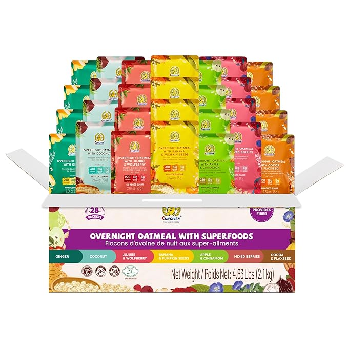SUNGIVEN High Protein Overnight Oats Family Size Variety Pack - 7 Flavors Low Sugar Keto Instant Health Breakfast Oatmeals with Cinnamon Berries Ginger Pumpkin Seed Goji, 28-Packs, 74.1oz