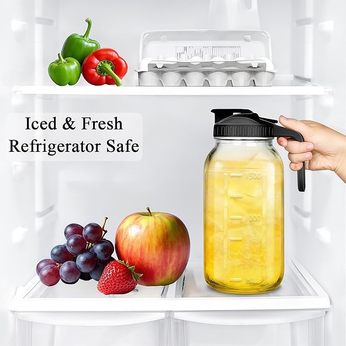 32oz Glass Pitcher Carafes With Handle and Lid, 1 Quart Mason Jar, Large Water Jug, Glass Containers for Fridge, Water Pitcher for Juice, Iced & Sun Tea, Cold Brew Coffee, Homemade Beverage