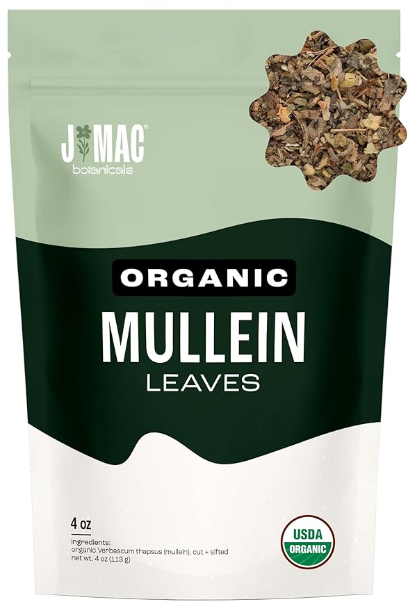 J Mac Botanicals Organic Mullein Leaves (4 oz) Certified USDA Organic. Loose Leaf Mullein Herbal Tea