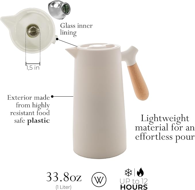 WOLFF - White Thermal Coffee Carafe – 34oz / 1L Insulated Carafe - Food-Safe Plastic Exterior and Glass Liner, Wood-Style Handle – Keeps Drinks Hot or Cold, Leakproof Coffee and Tea Dispenser