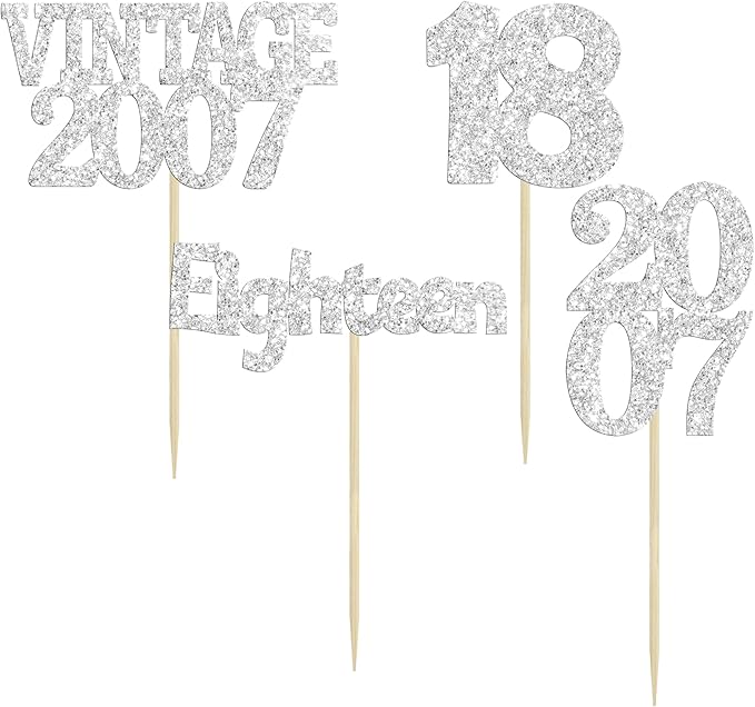 Gyufise 24Pcs 18th Birthday Cupcake Toppers Glitter Eighteen Vintage 2007 Hello 18 Years Birthday Cupcake Picks Adultish 18 Cake Decorations for Happy 18th Birthday Anniversary Party Supplies Silver