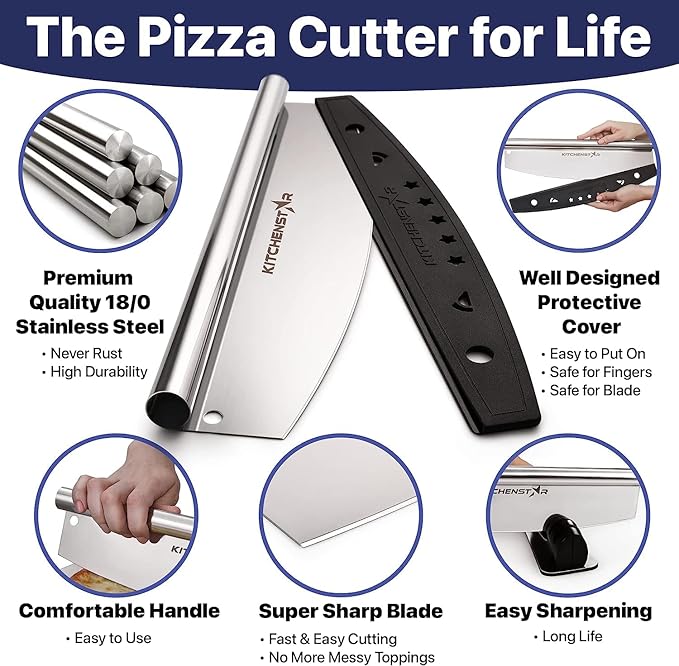 12" Pizza Making Kit (Set of 2) - 12" Pizza Cutter Rocker Knife with Blade Cover + 9.5" Stainless Steel Pizza Peel with Folding Handle- Ultimate Pizza Oven Accessories