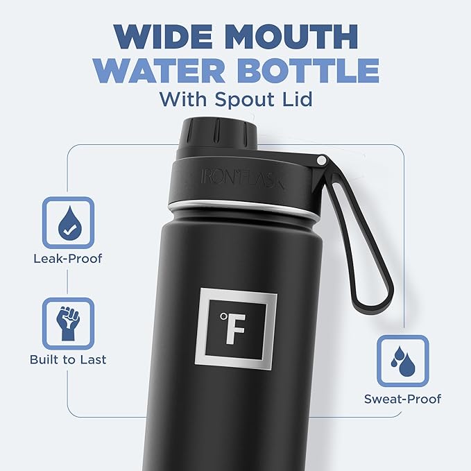 IRON °FLASK Camping & Hiking Hydration Flask with 3 Lids - Stainless Steel, Double Walled & Vacuum Insulated Water Bottle - Leak Proof & BPA Free (Dark Night, Spout - 22 oz)