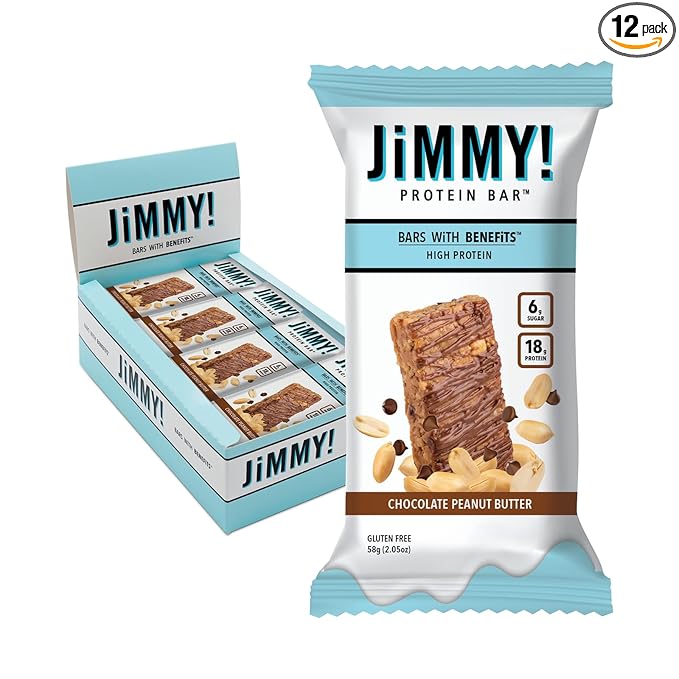JiMMYBAR! Chocolate Peanut Butter Protein Bars 18g Protein Bar, 6g Low Sugar - 12 Count - 58g Health Bars - Functional Snack with Real Peanuts & Hand-Drizzled Chocolate