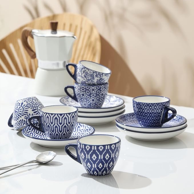 Selamica Ceramic 2 oz Espresso Cups, Small Expresso Coffee Cup Set with Saucers, Porcelain Mini Demitasse Cups for Latte Mocha Tea, Set of 6, Vintage Blue