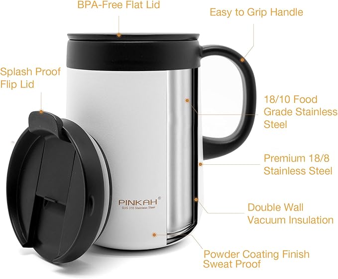 16oz Coffee Mug Cup with Handle, Insulated Stainless Steel Coffee Cup with Lid, Hot and Cold Beverages, Double Walled Vacuum Coffee Thermal Mug for Women and Men, White