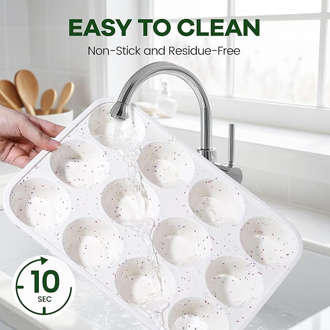 Muffin Pan - 12 Cups Silicone Muffin Pan Non-Stick Food Grade Silicone Cupcake Pan for Muffins,Tart, BPA Free - Standard Cup Size - Diameter 2.8" Depth 1.2" - 1 Piece Cream with Rainbow Dots