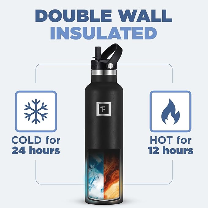 IRON °FLASK Camping & Hiking Hydration Canteens - 3 Lids (Narrow Straw Lid) Leak Proof Vacuum Insulated Stainless Steel - Hot & Cold Double Walled Sports Water Bottle - Midnight Black, 24 Oz