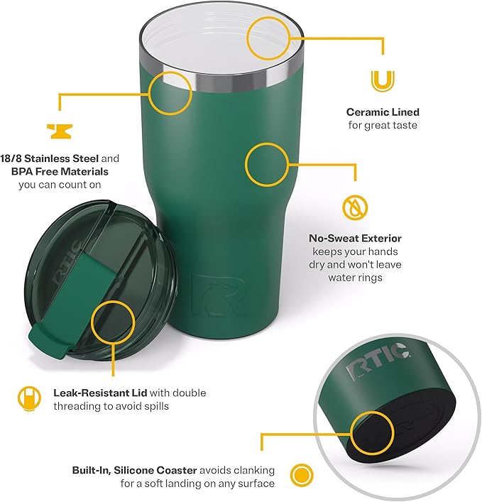 RTIC 30oz Essential Tumbler with Lid, Insulated, Stainless Steel, Metal, Double Wall Vacuum-Insulation, Ceramic Lined, Travel Cup for Iced Coffee, Tea, Hot and Cold Drink, Pine Tree