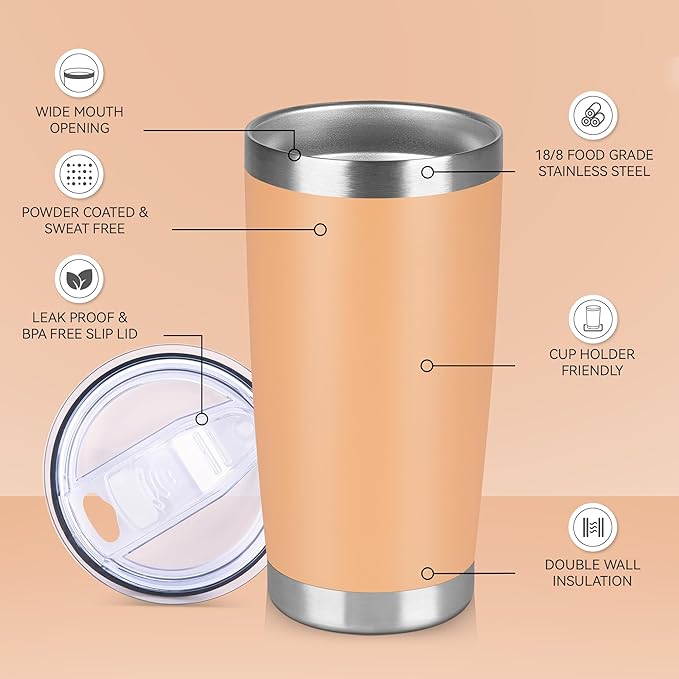 20 oz Tumbler Stainless Steel Tumblers Bulk with Lid Double Wall Insulated Coffee Tumbler Cups for Hot & Cold Drinks Powder Coated Travel Coffee Tumbler Mug Metal (Cream Orange, 1 pack)