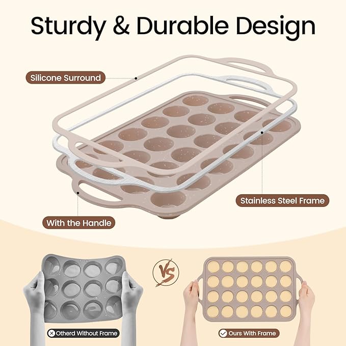Vinino 2Pack Mini Silicone Muffin Pans for Baking with Metal Reinforced Frame, 24 Cups Mini Size Nonstick Cupcake Pan, BPA Free Oven Dishwasher Safe Baking Mold for Muffins Cupcakes