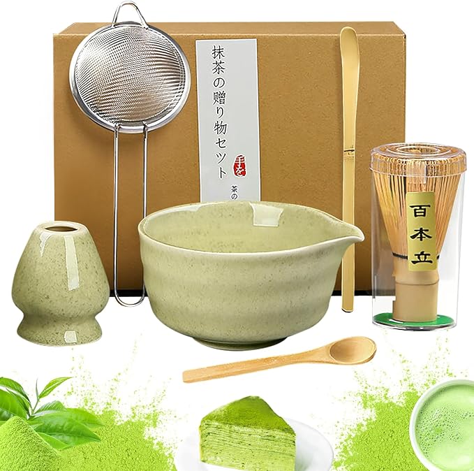 Matcha Set, 6 Pcs Matcha Whisk Set with 20 oz Bowl, Bamboo Whisk for Matcha Tea, Matcha Bowl, Ceramic Matcha whisk Holder, Stainless Sifter and Scoop - Gift for matcha kit Lovers（Green）