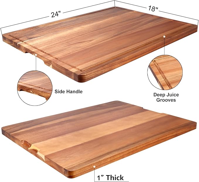 24"x18" XXL Extra Large Acacia Wood Cutting Boards for Kitchen Meat Big Wooden Cheese Charcuterie Board Hardwood Solid Chopping Board Bread Thick Olive Butcher Block Giant Turkey Serving Carving Board