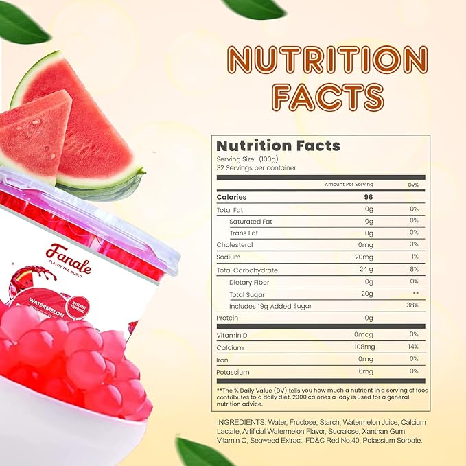 Fanale Watermelon Popping Boba Pearls, Vegan, Non GMO, Gluten Free, Fat Free, Perfect for Bubble Tea, Smoothies, Ice Cream, Desserts, and Beverages.