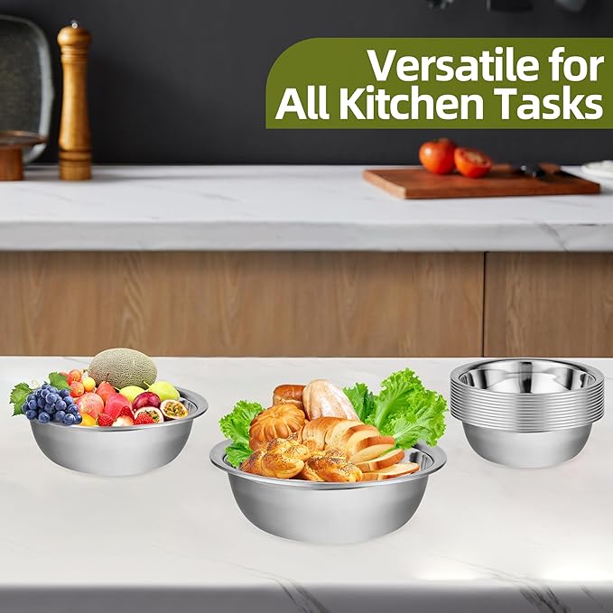 12 Pack 11.8 x 4 Inch Stainless Steel Mixing Bowls for Bulk Food Prep with Nesting Design for Hotel Restaurant and Home Kitchen Cooking in Silver