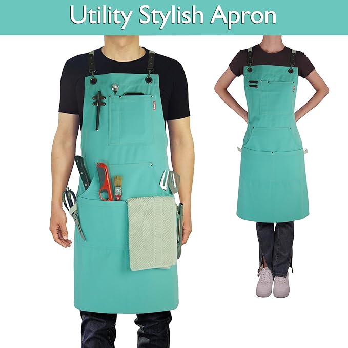 Kitchen Apron, Work Apron, Canvas, Multiple Pockets, Gardening, Painting, BBQ, Artist, Carpenter, Sizes M to XXL, Ice Blue