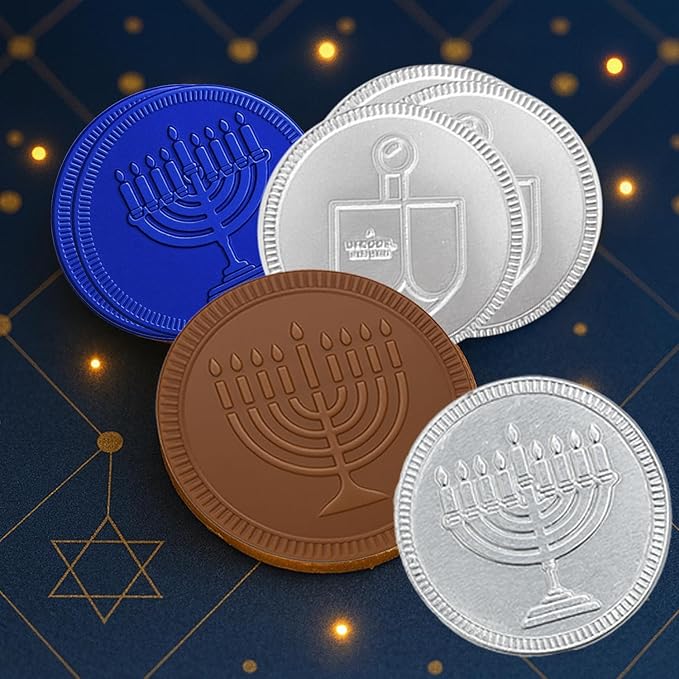 The Dreidel Company Blue & Silver Hanukkah Milk Chocolate Coins, Hanukkah Design Gelt, Gluten Free, Non GMO, Kosher Certified OU-D (200-Pack)